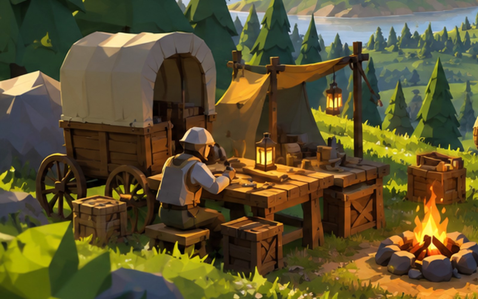 Painted concept art of a covered wagon beside a tent and a workbench, with crates unloaded onto the grass and a fire lit.