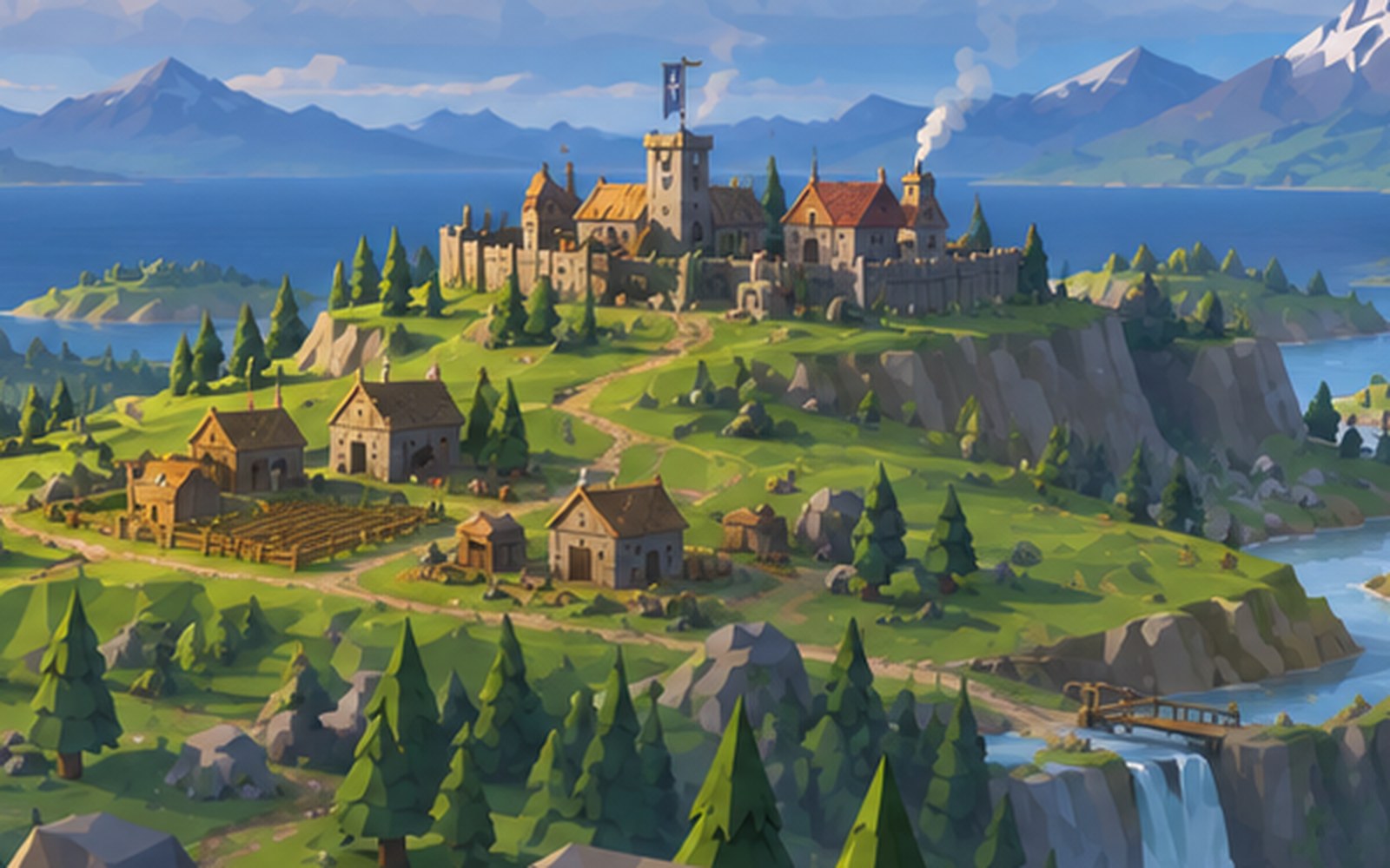 Painted concept art of a small settlement on a bluff above water: cottages, tilled fields, a track winding up to a walled hall, and a waterfall falling to a river.