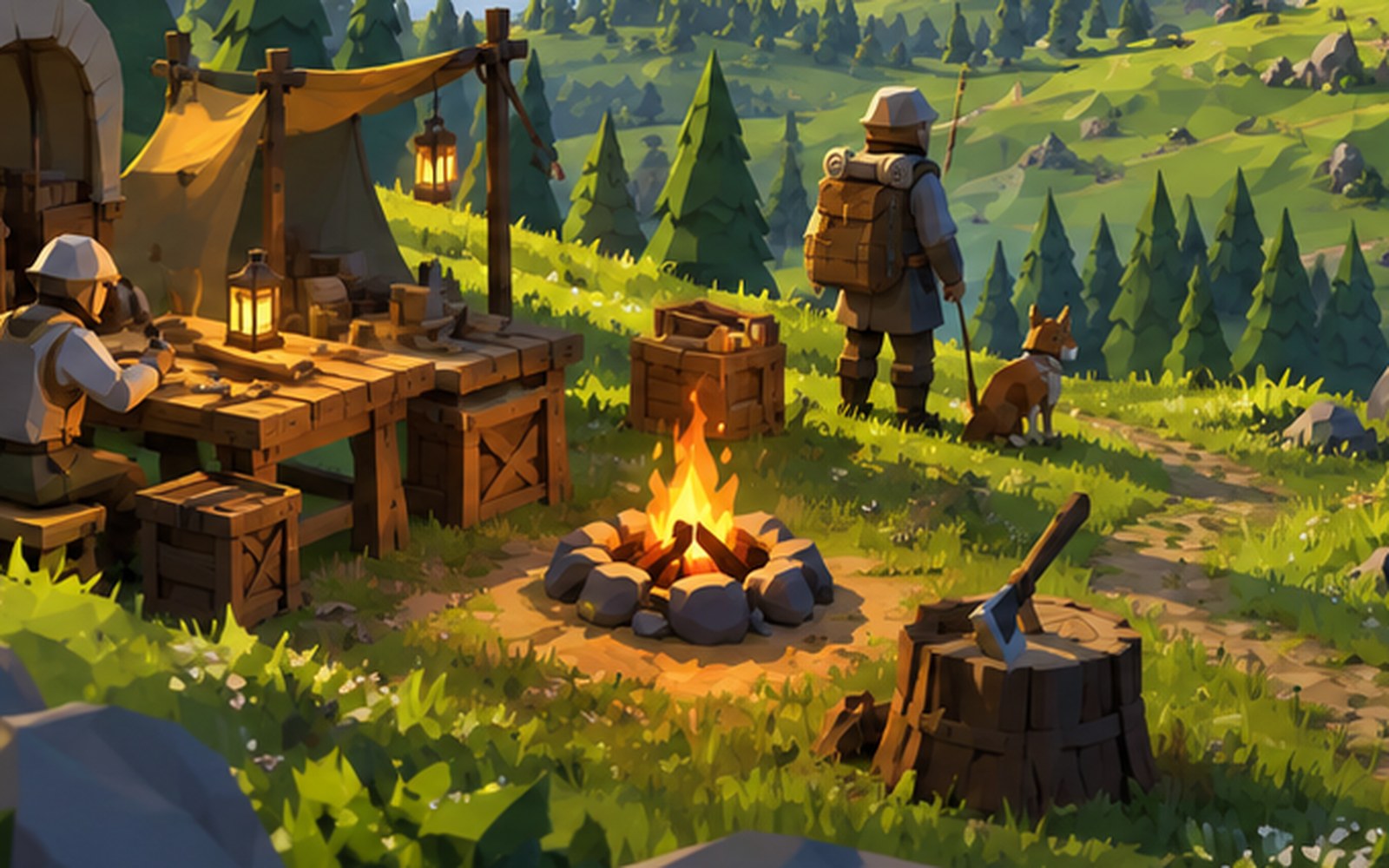 Painted concept art of a camp on grass: a workbench under an awning, a lantern, stacked crates, a campfire ringed with stones, and an axe left in a stump.