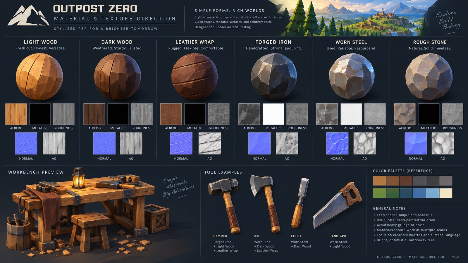 A material direction sheet: six spheres showing light wood, dark wood, leather, forged iron, worn steel and rough stone, each with its albedo, metallic, roughness, normal and occlusion maps.