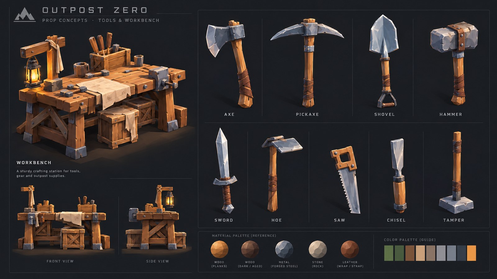 A concept sheet of nine hand tools and a workbench drawn from several angles, with a material and colour palette beneath them.