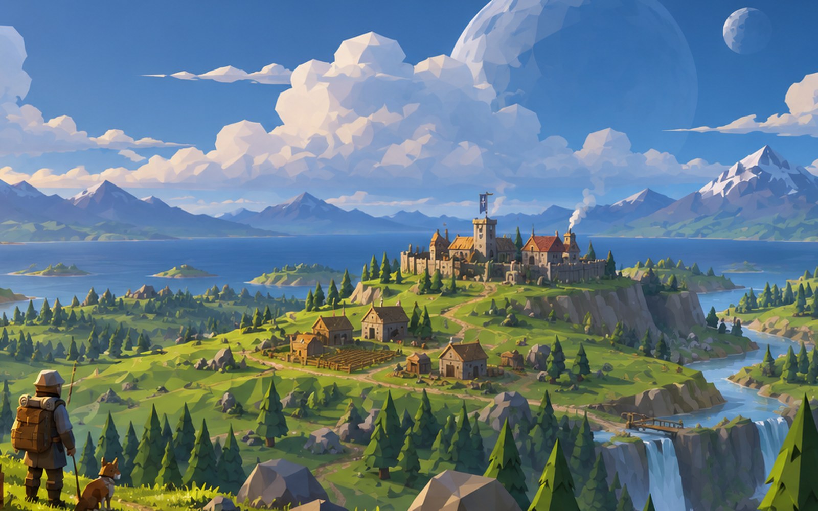 Painted concept art of a green country seen from a rise: a lake with wooded islands, a settlement on a headland, mountains along the horizon and a moon in the daytime sky.