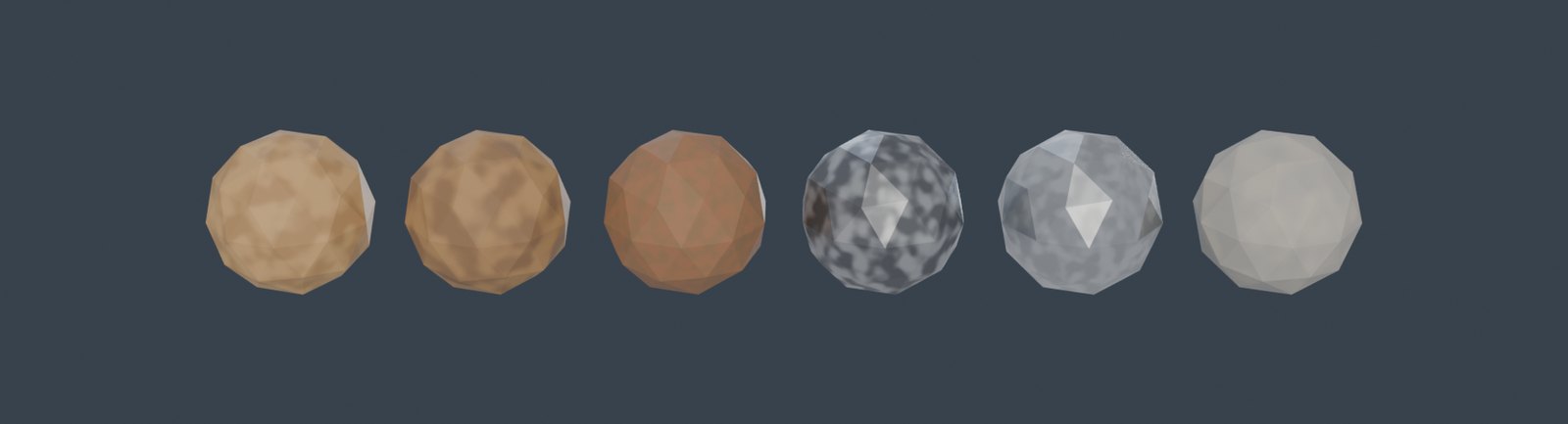 Six faceted spheres showing the wood, metal and stone materials as the engine shades them.