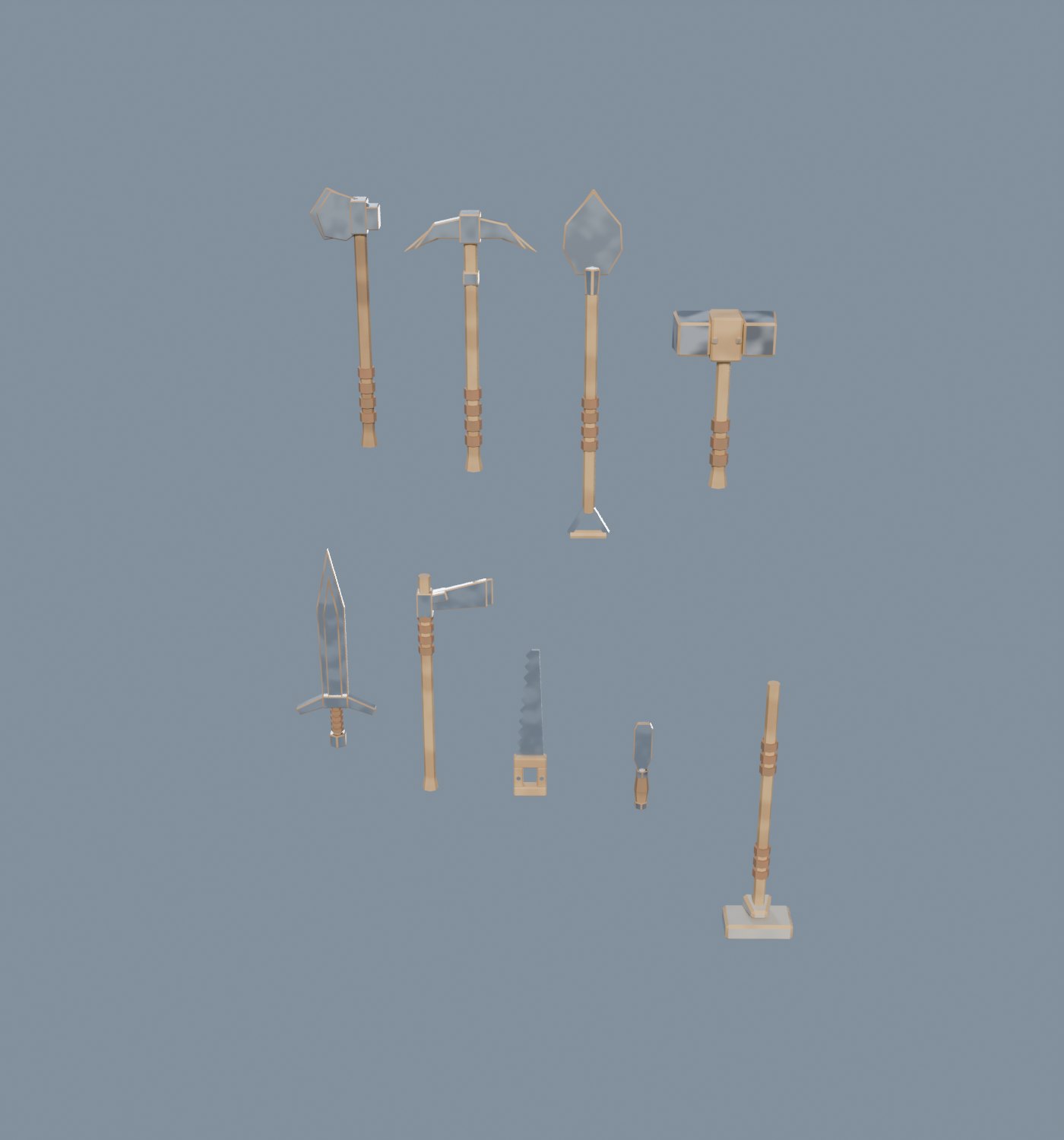 Nine low-poly tools laid out on a plain background: axe, pickaxe, shovel, hammer, sword, hoe, saw, chisel and tamper.