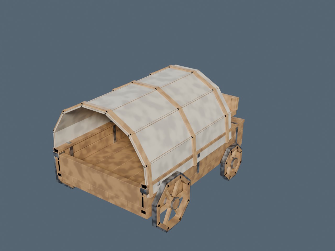 A low-poly supplies wagon with a hooped canvas tilt over a plank bed, on spoked wheels, on a plain background.