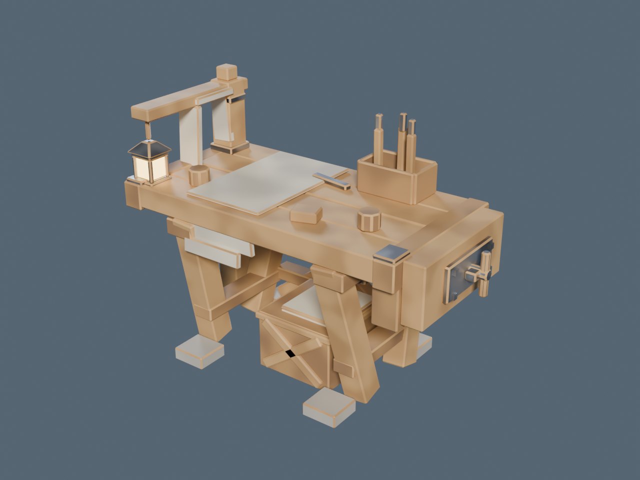 A low-poly carpenter's workbench with a vice, a lantern, a saw and a rack of chisels, on a plain background.